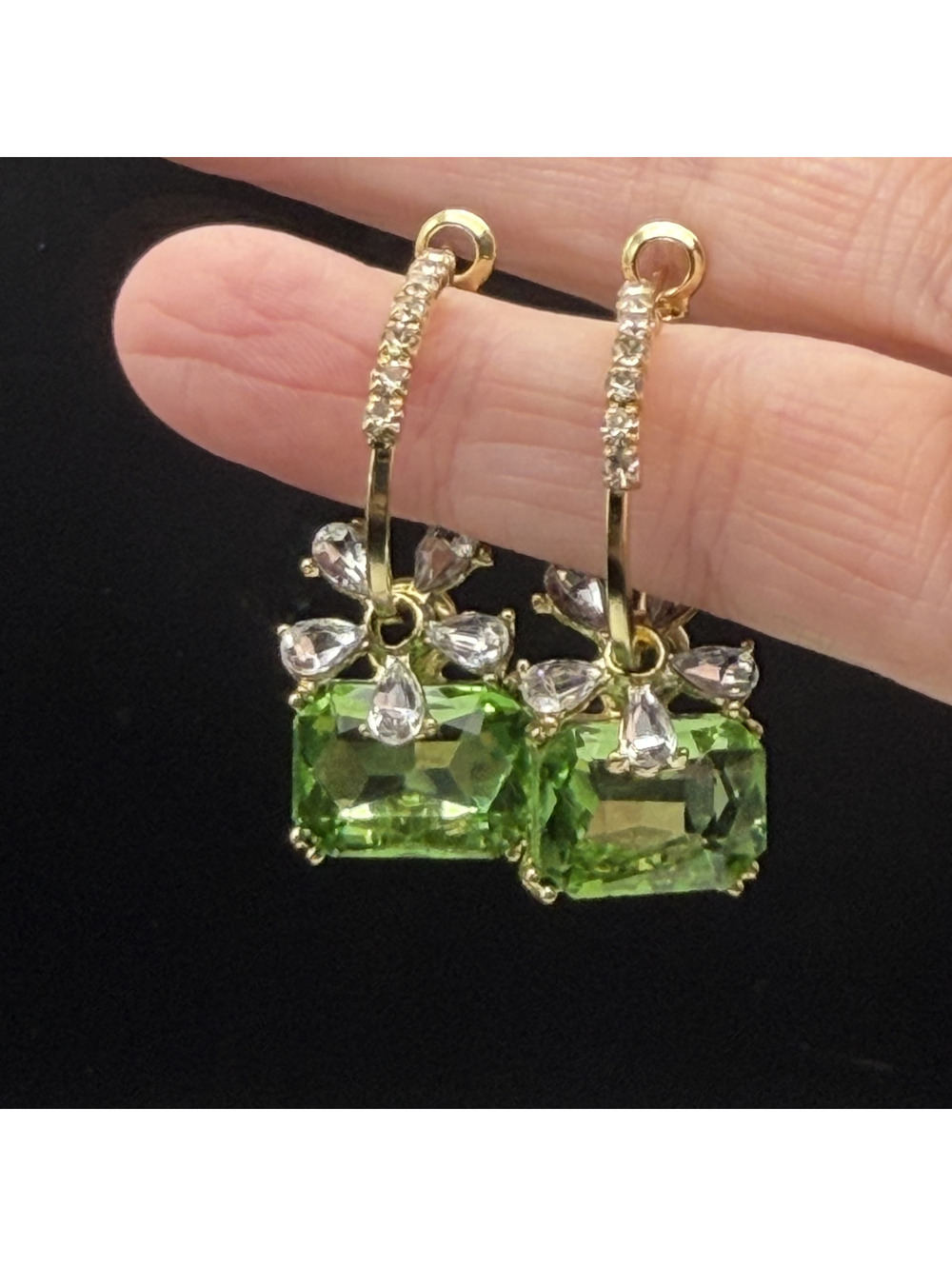 Candy+Clover Green Crystal Gold Tone Drop Hoop Earrings